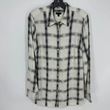 Talbots Plaid Button Down Shirt Top S Long Tunic Length Rayon Cream Black Dots