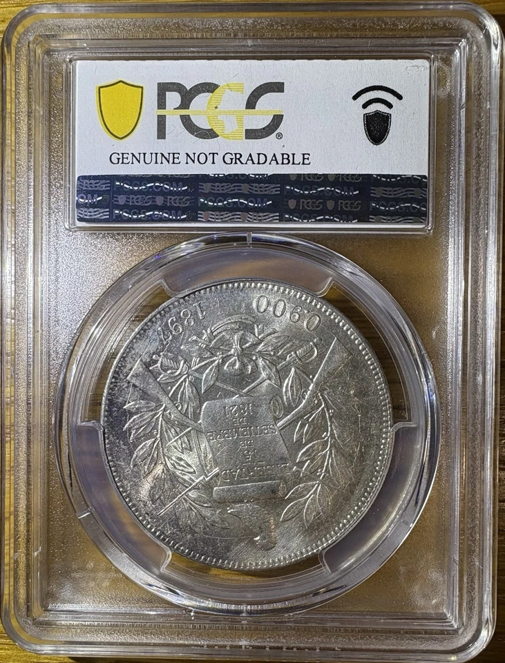 Rare Date With Die Cracks 1897 Guatemala 1 Peso PCGS UNC detail Uncirculated - Image 3 of 4
