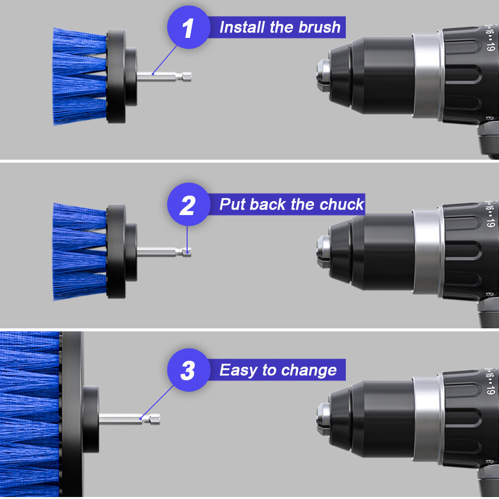 3Pcs DRILL ATTACHMENT CLEANING BRUSH SET POWER SCRUB HOME CAR TILE