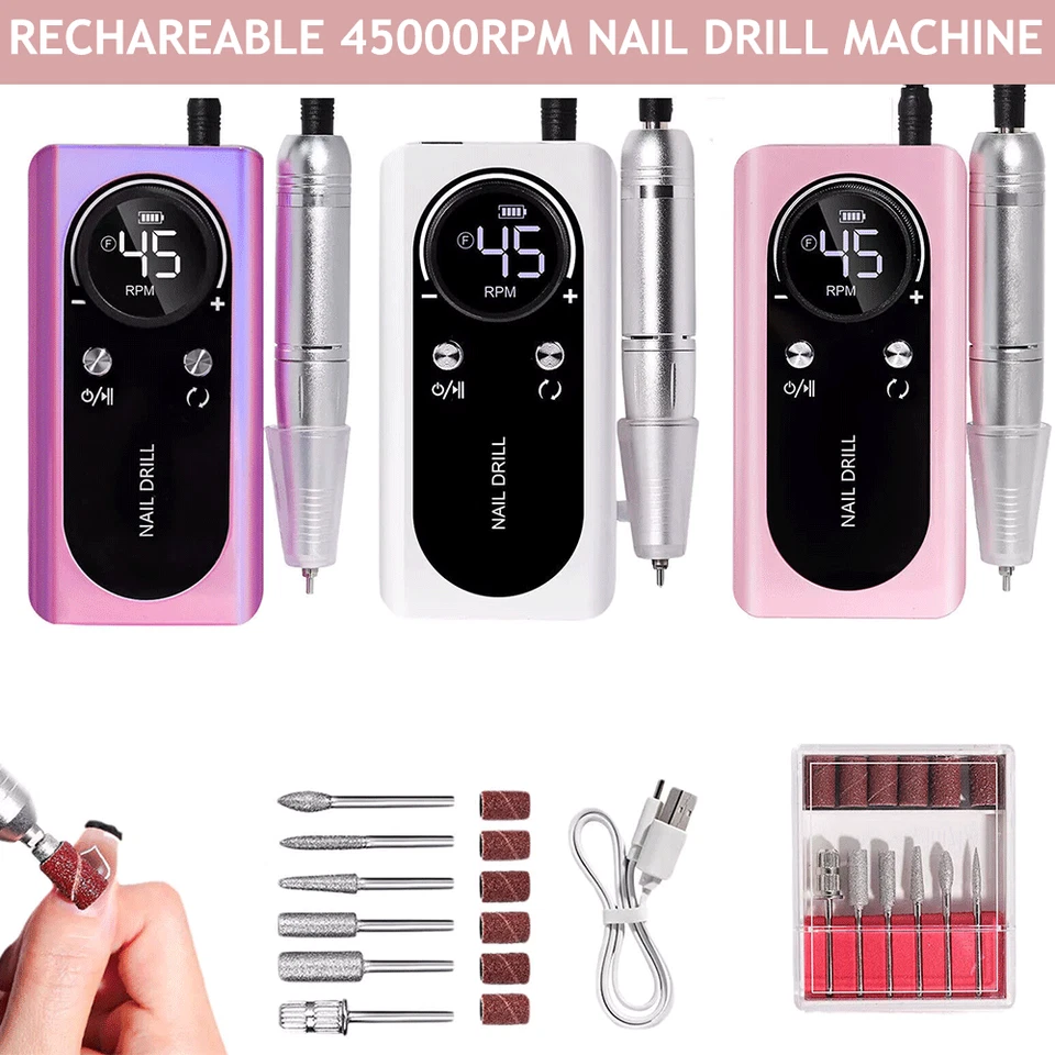 Kit portátil de manicure pedicure furadeira elétrica recarregável 45000 RPM - Imagem 2 de 4