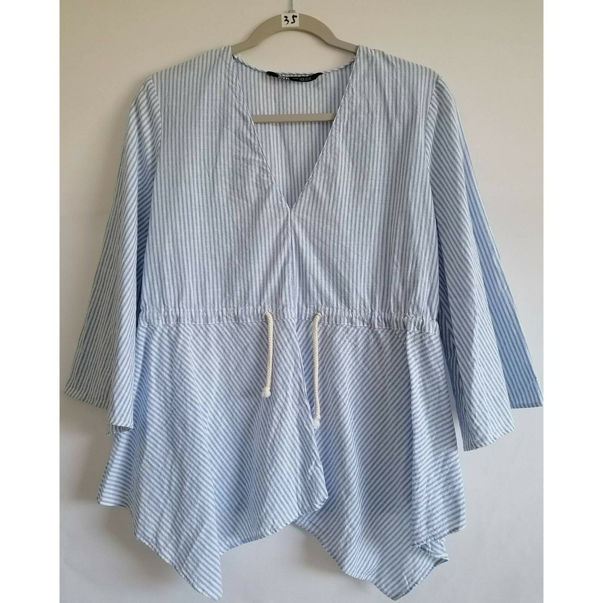 Zara Womens Tunic Top Blue Striped Long Sleeve V Neck Tie