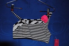 XHILARATION Black White Striped Swimsuit Top w Pink Flower Size L NWOT