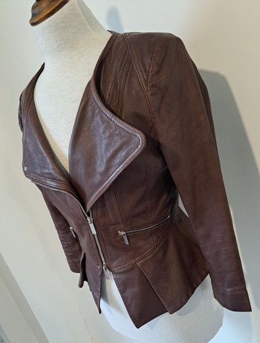 KAREN MILLEN - Dark Brown 100% Real Leather Peplum Waist Zip Up Jacket - Size 12 - Picture 2 of 22