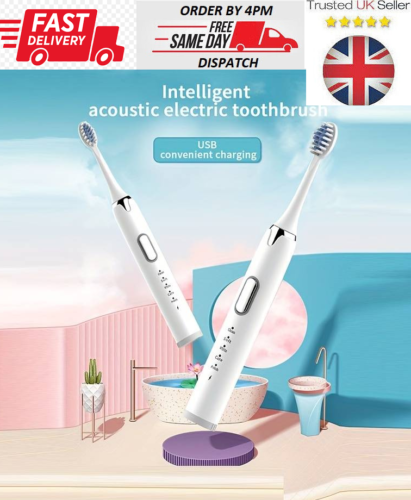 Electric Toothbrush Sonic Rechargeable 5 Modes Kids Adults Brush 12 Heads USB UK - Afbeelding 1 van 22