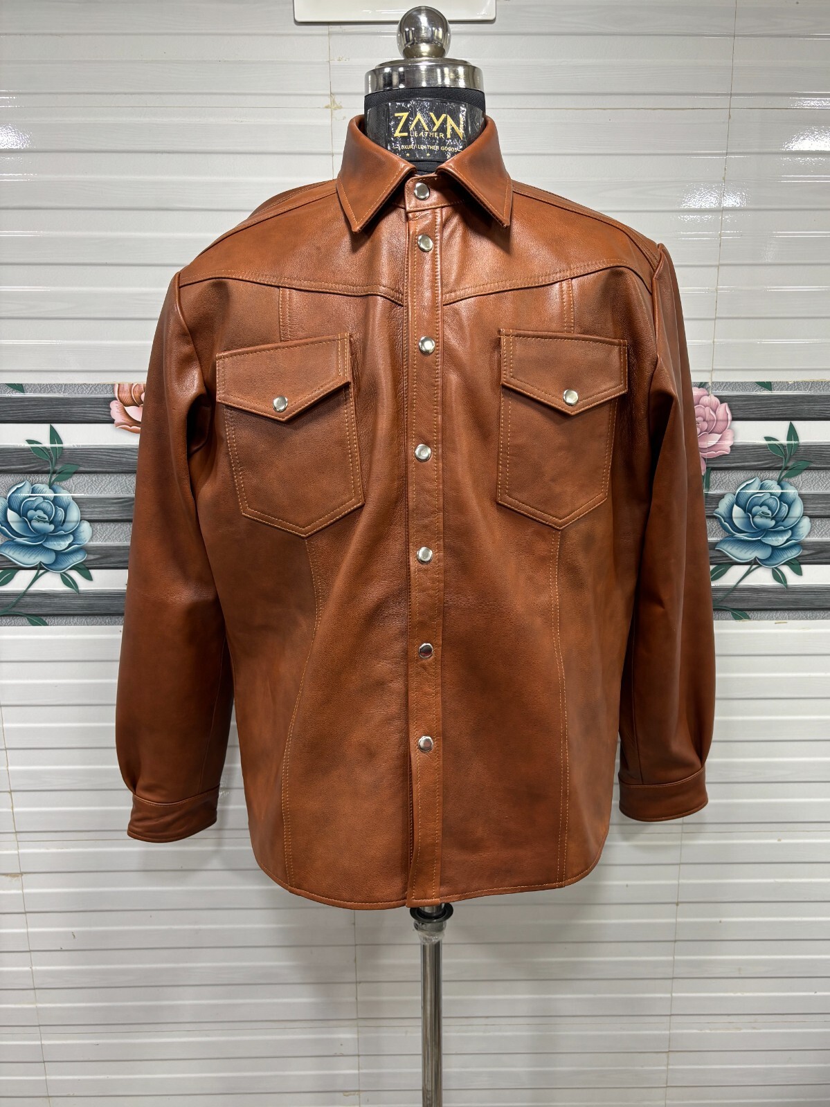 Men's 100% Genuine Leather Full Sleeves Shirt Brown Lambskin Snap Button Jacket
