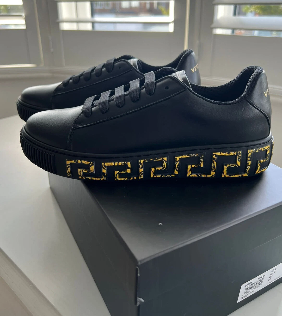 Versace — VERSACE Black Leather & Gold Greek Key Soles Trainers - Made in Italy