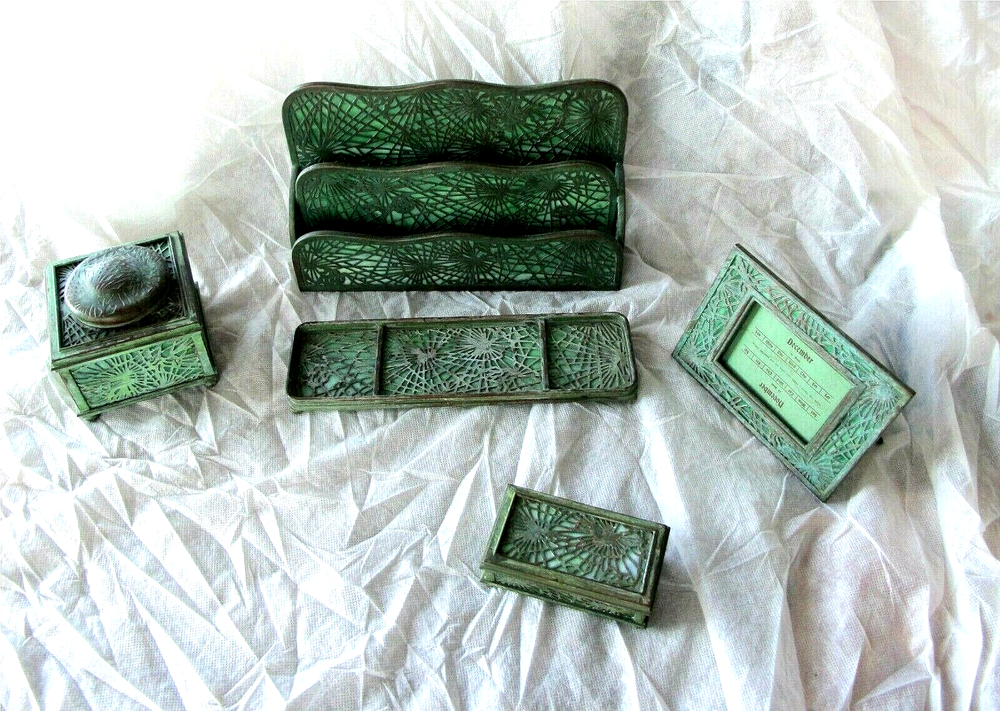 Tiffany Studios Bronze & Glass Desk Set Inkwell Pine Needle Pattern