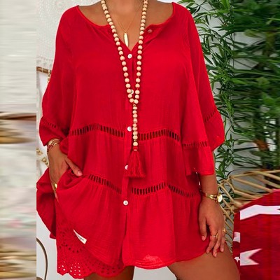 Rüschen lose Tops Bluse Übergröße Damen Baumwolle Shirt Minikleid Damen V-Ausschnitt