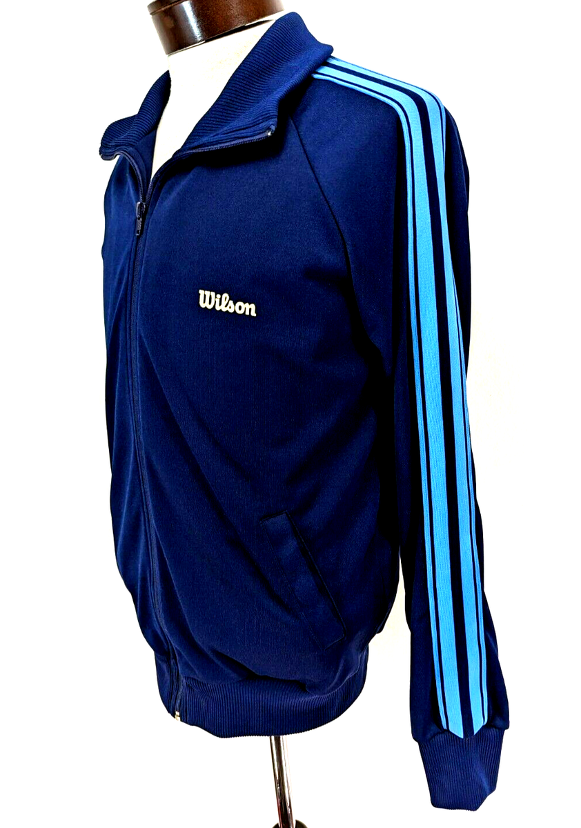 Vtg 80s Wilson Men's Blue Striped Full Zip Track Jacket Logo