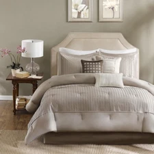 BEAUTIFUL MODERN ELEGANT CHIC TAUPE BEIGE TAN BROWN WHITE PINTUCK COMFORTER SET