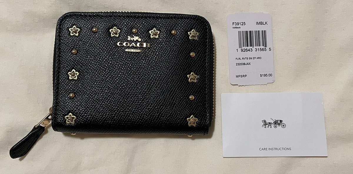 Coach F39125 Small Zip Bifold Black Pebble Leather Wallet Coin