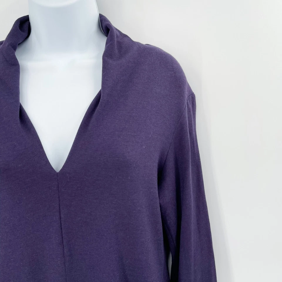 Vestido drapeado Veronique Miljkovitch talla M azul bambú cuello en V hasta la rodilla Lagenlook Foto 3 de 4