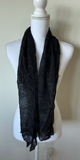 Black Scarf Sheer Silver Floral Embroidery Large 12" x 50" 08 