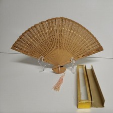 Vintage Made in Hong Kong Carved Wooden Bamboo Hand Folding Fan Gold Glass Case