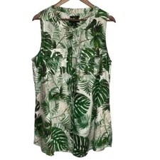 Tahari Womens Tropical 100% Linen Button Up Sleeveless Top 1X Green Palm Leaves