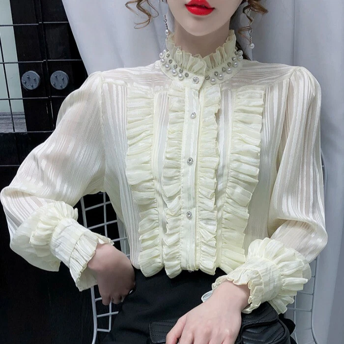 Womens Ruffle Frill Blouse Sheer Shirts Beaded Striped Long Sleeves Pleated Tops