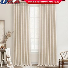 Light Filtering Linen Blend Curtains Pleated Design Adjustable Hooks Easy Care