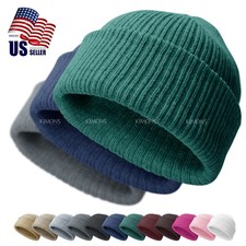 Ribbed Thick Beanie Plain Knit Cuff Ski Cap Skull Hat Warm Solid Color Winter