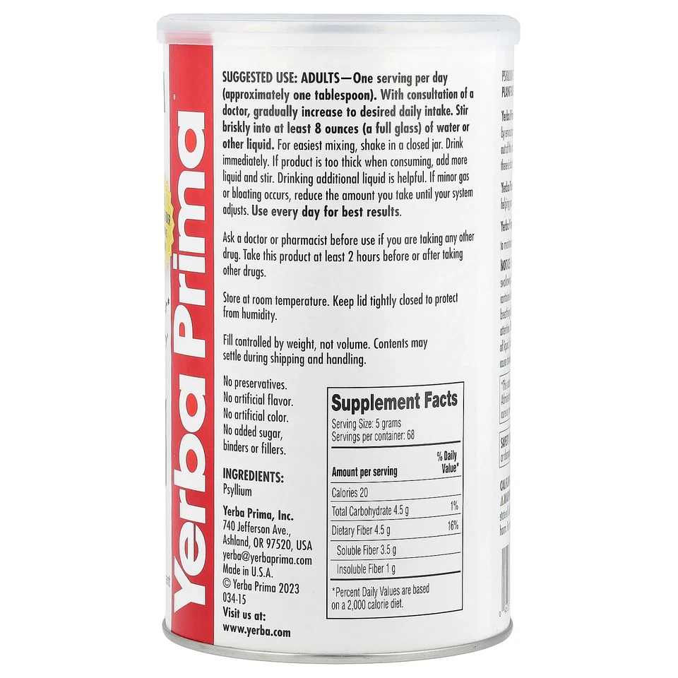 Limpiador de colon Yerba Prima Psyllium cáscaras enteras 12 oz 340 g sin gluten Foto 2 de 2