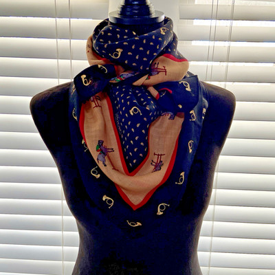 JG Hook Wool Challis Scarf Square Equestrian Bugles Verticals Black Multi Japan