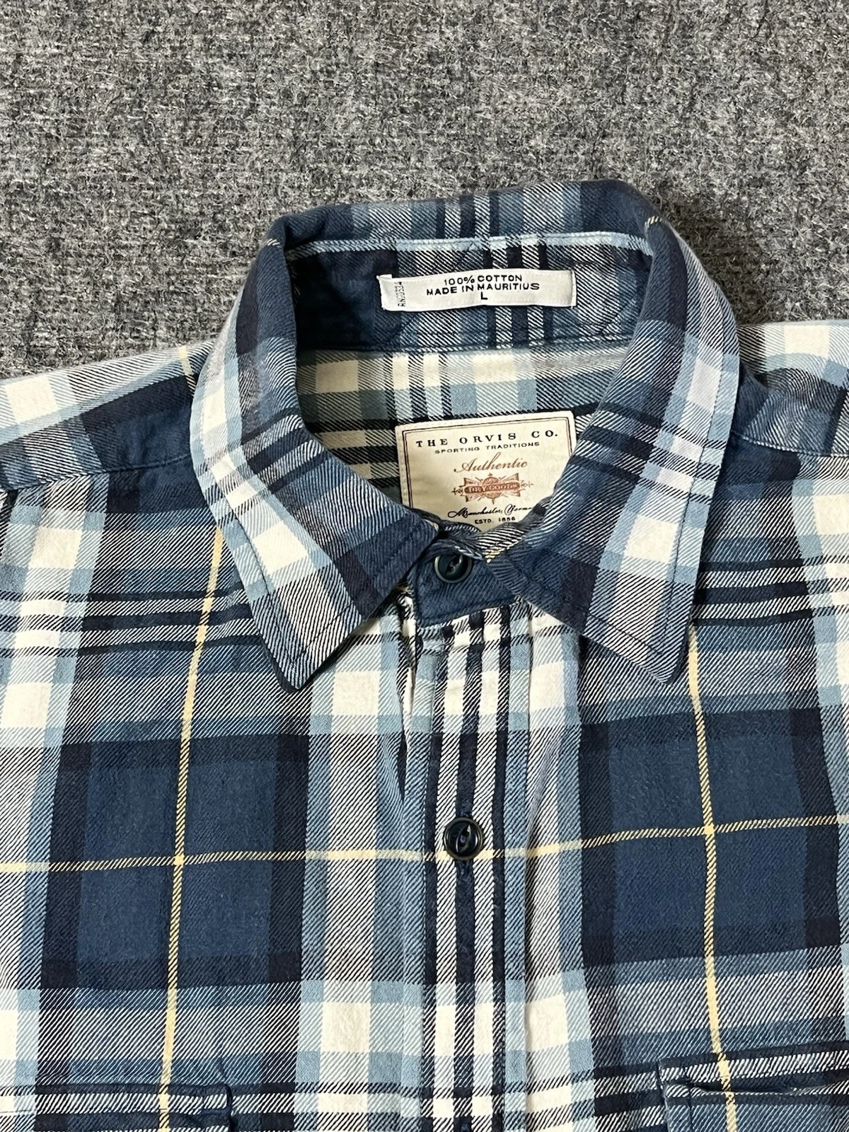 Vintage Orvis Flannel Shirt Mens Large Blue Plaid Cotton Grunge Workwear Outdoor