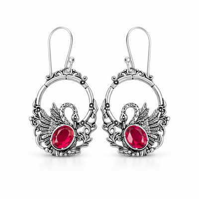 Pink Rubellite Gemstone Swan Earrings 925 Solid Silver Boho Drop Jewelry Gifts