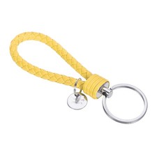 Braided Leather Keychain with Stainless Steel Key Ring Sleeve, Yellow