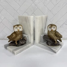 MARBLE BOOKENDS OWL Figurines Barn Owl Great Horned Owl 6" tall