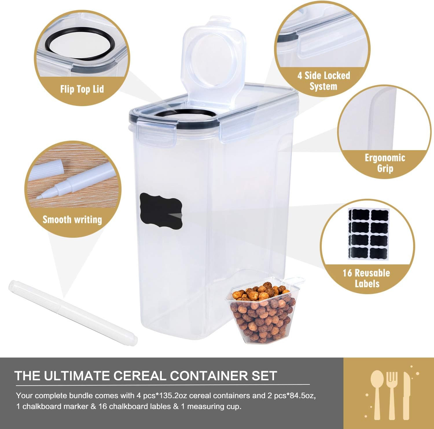 Cereal Containers Storage Set - 6 Piece Airtight Large Dry Cereal Storage Contai