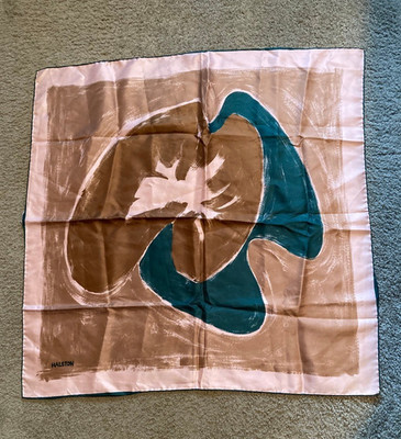 Vintage Halston scarf 30x30'' FLAWS pink brown forest green LOGO