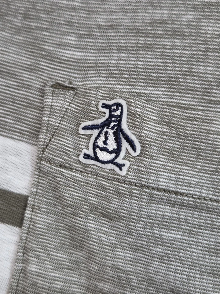 Camisa Polo Original Pingüino Para Hombre Mediana Gris Blanco Rayas Bolsillo Algodón Foto 4 de 4