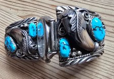 XXL Silber Navajo Uhr Bär 2 Krallen Kokopelli 4 Türkise Uhr läuft, TOP ZUSTAND