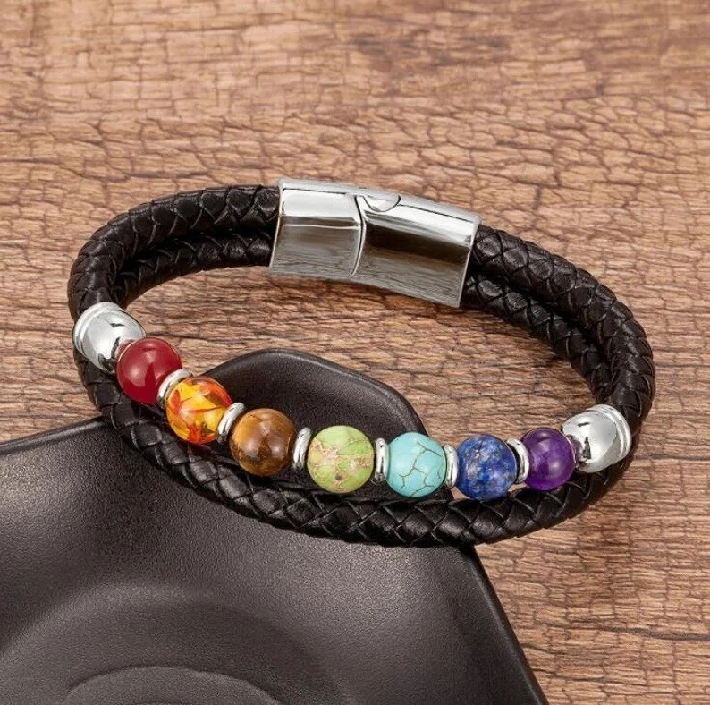 Natural 7 Chakra Stone Men's Leather Braided Bracelet Bangle Magnetic Clasp - Image 3 of 3