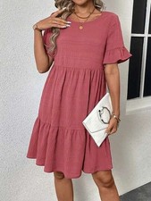 Boho Rose Pink Tiered Babydoll Dress with Flutter Sleeves and Textured Grid...