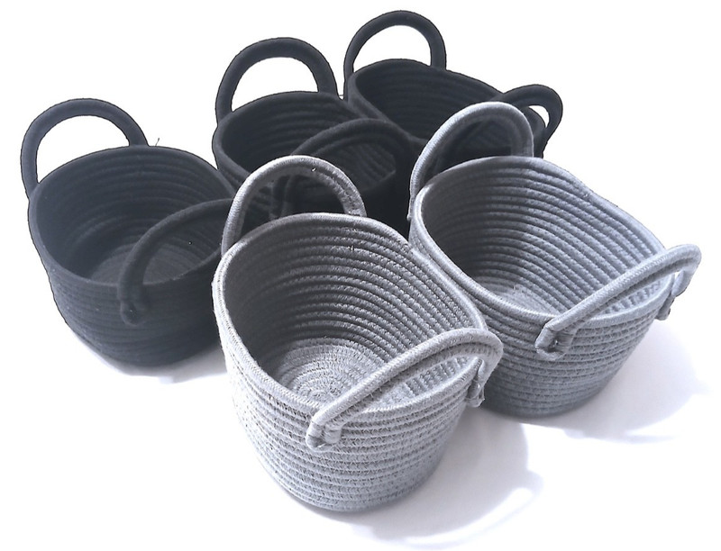 Set of 6 Woven Cotton Rope Storage Baskets – 3 black, 2 Gray, and One Pink