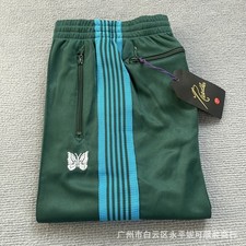 Men's Women Black Embroidered Needles Track Pants Green Classic Stripe Trousers