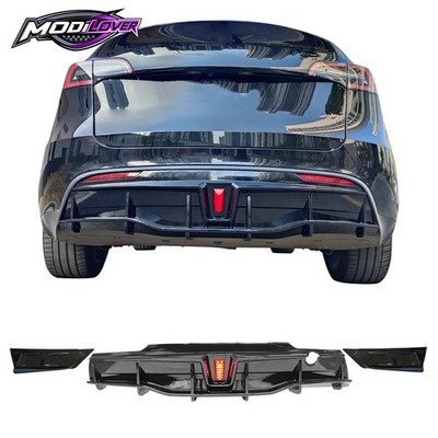 For 20-24 Tesla Model Y IKON Gloss Black Rear LED Diffuser Lip W/ Corner Aprons