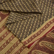 Sanskriti Vintage Sarees Black & Red Pure Silk Printed Sari Floral Craft Fabric