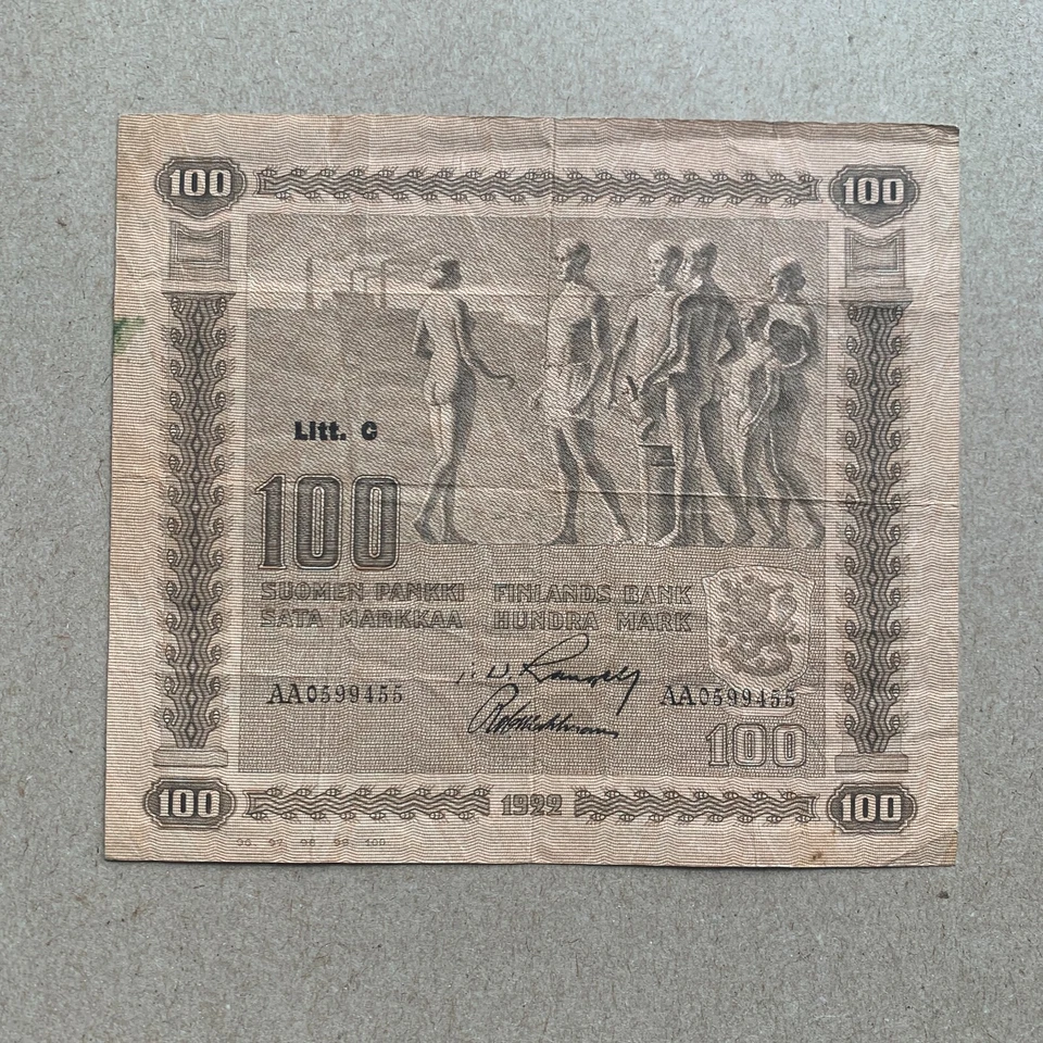 Grandes billetes FINLANDIA 100 Markkaa 1922 moneda finlandesa figuras desnudas Foto 2 de 4