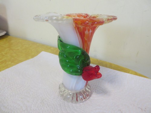 Hand Blown Art Glass Vase, Orange Red White Inlay, Applied Red Rose And Leaf