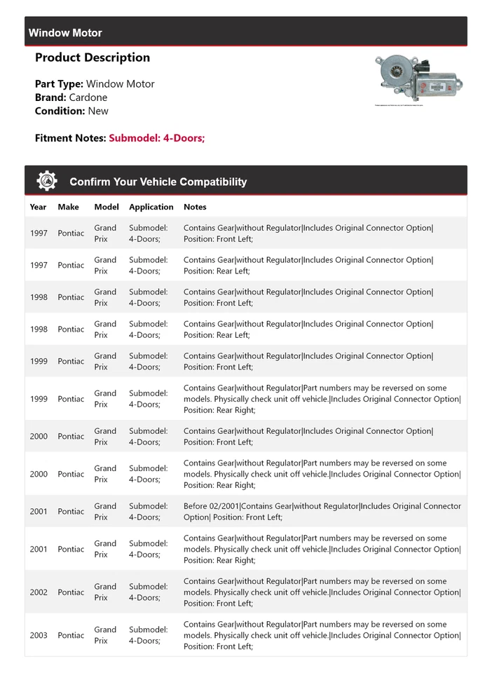 For 1997-2003 Pontiac Grand Prix 4-Doors Window Motor Cardone 1998 1999 2000 - Image 2 of 4