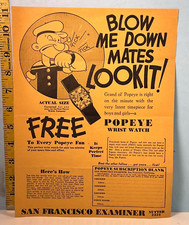 1930's Popeye The Sailor Man New Haven Wrist Watch San Francisco Examiner Ad.