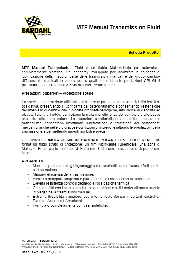 1 LITRO OLIO BARDAHL TRASMISSIONI CAMBIO MANUALE MTF 75W80 API GL-4 Premium 1LT - Immagine 2 di 3