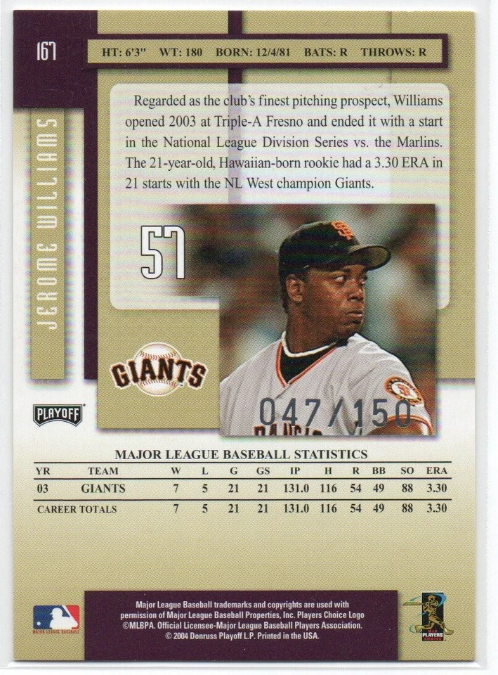 Jerome Williams 2004 Playoff Prestige Xtra Bases Purple #167 047/150 Giants - Image 2 of 2