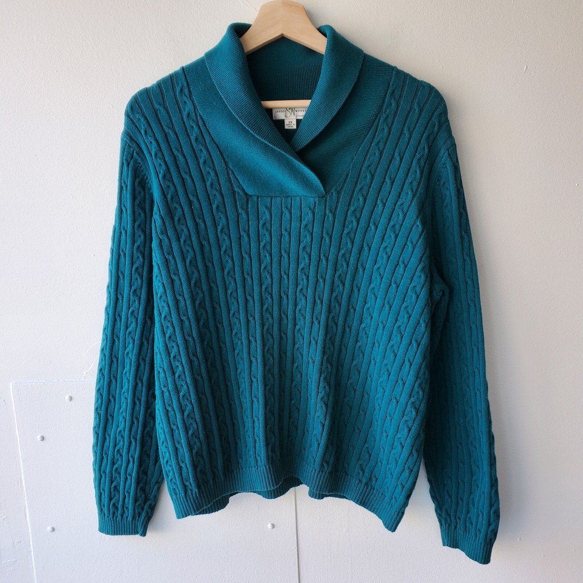 Studio Works Cable Knit Sweater Women's Size 2X Blue Green Studio Works Cable Knit Sweater Women's Size 2X Blue Green