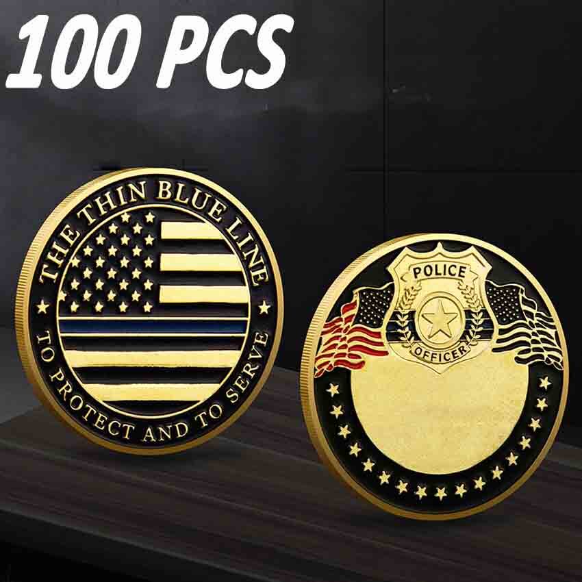 100PCS Challenge Coin Blue Line Police Officers Flag Law Enforcement Thin