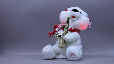 Christmas Holiday Time Animated Plush Bear Playing Sax & Checks