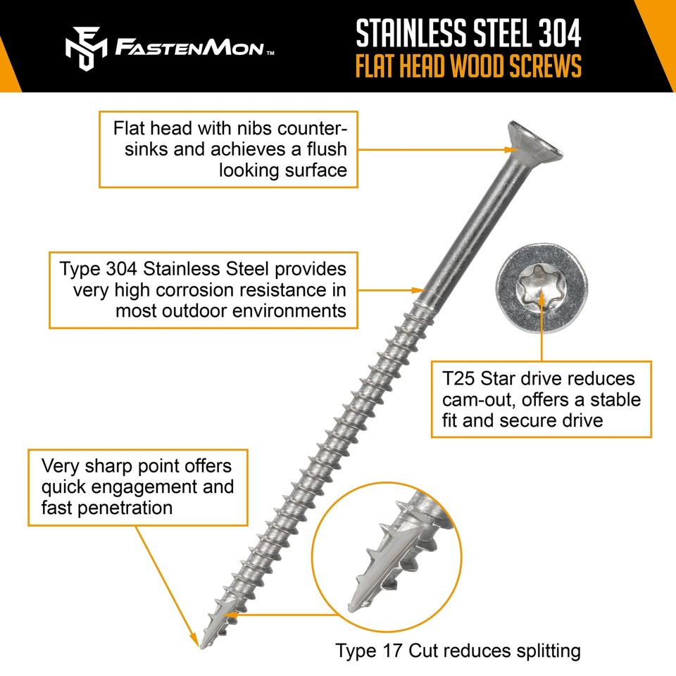 10 x 3 (300 PCS) Stainless Steel Deck Screws 304 with T25 Star Drive