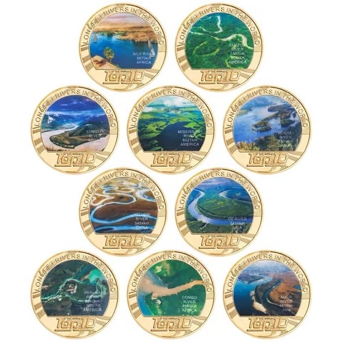 Worlds Top 10 Longest Rivers x10 Gold Plated Coins Box Set Mississippi OB River - Picture 2 of 3