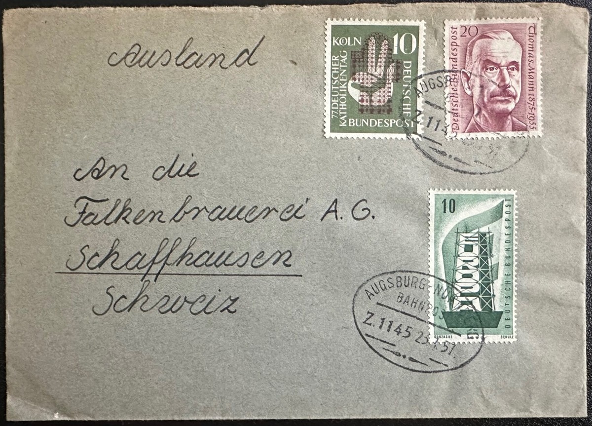 1957 Germany #746,#748,#750 w Bahnpost Z1145 cncl on cover to